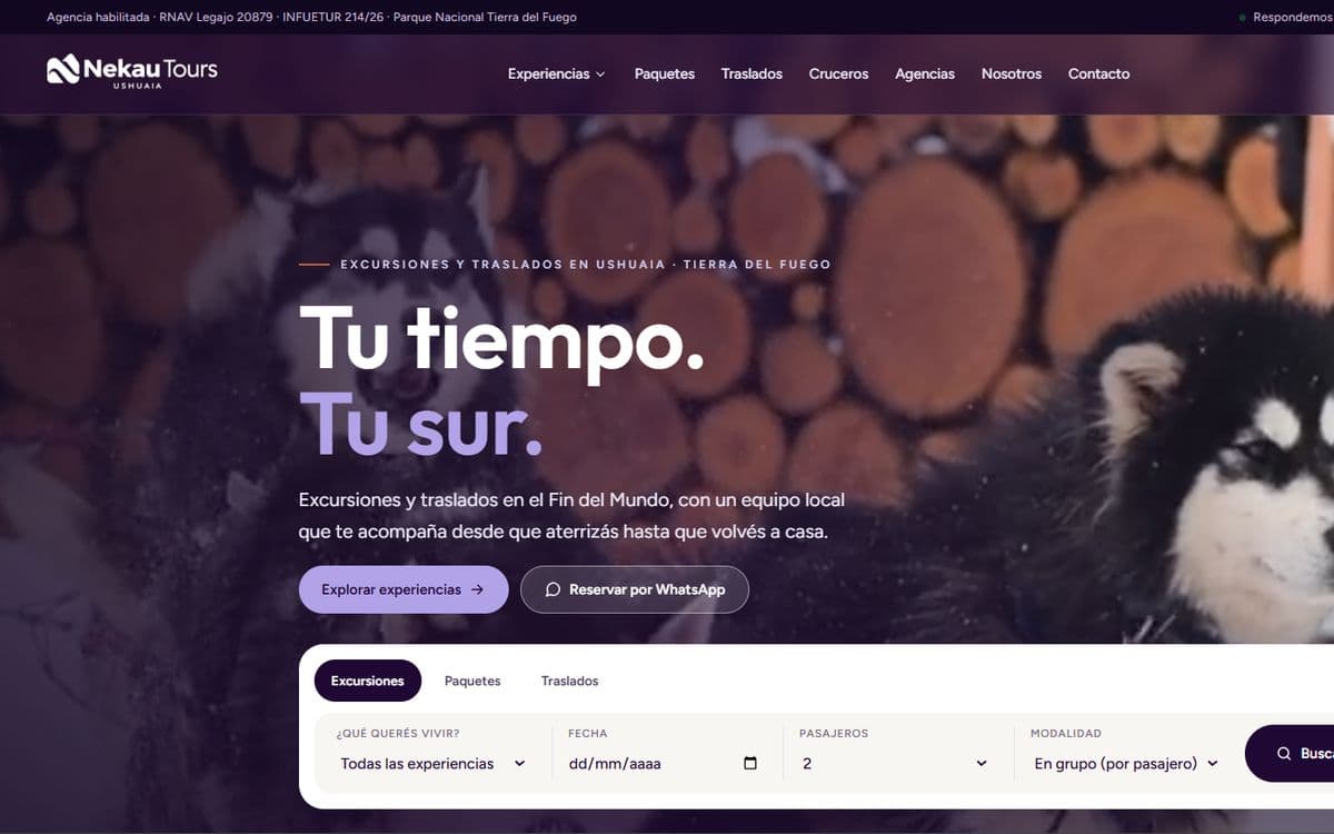Sitio web de Nekau Tours, agencia de turismo en Ushuaia